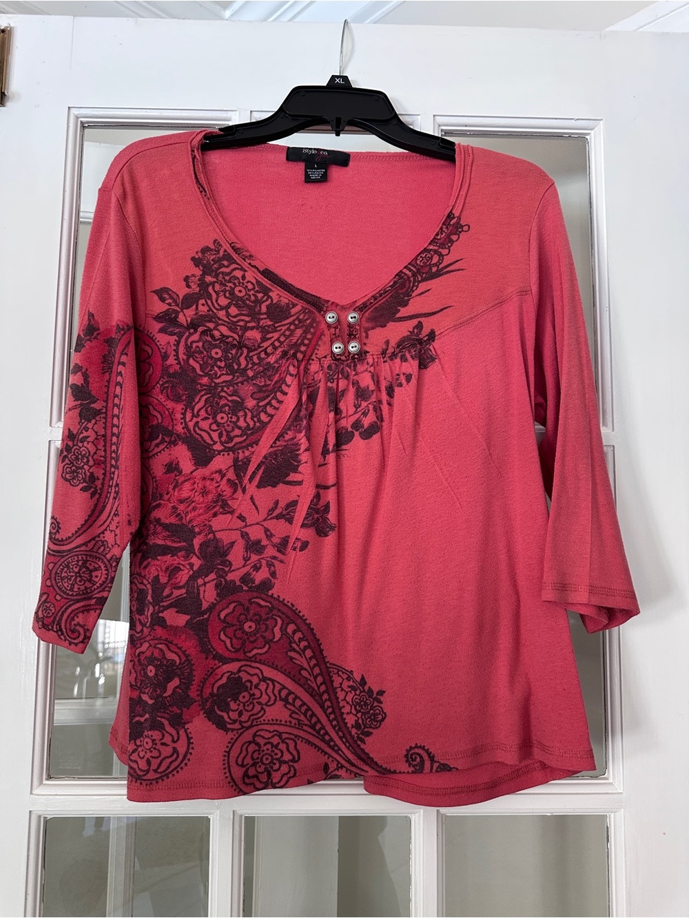 Style & Co. Coral Long Sleeve V-Neck Top with Black Floral Print